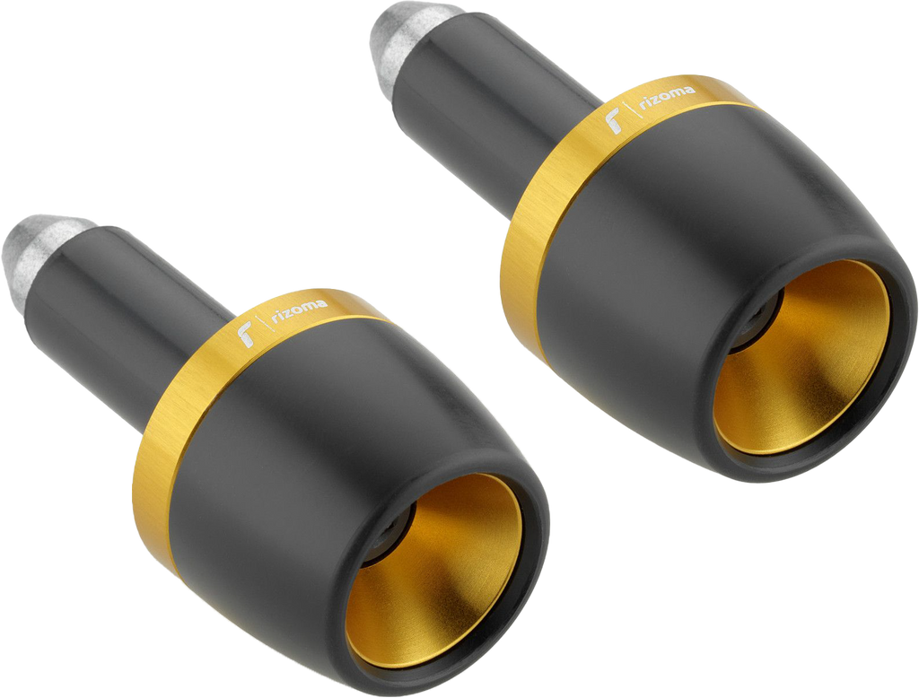 Pair of gold RIZOMA bar ends with sleek, polished finish designed for motorcycle handlebars.