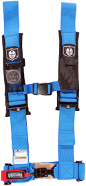 Pro Armor 5-point harness with blue 3-inch pads, showcasing adjustable straps and secure buckle for off-road safety.