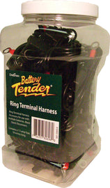Battery Tender quick disconnect leads with ring connectors, 25-pack, shown with tools for easy battery connection and maintenance.
