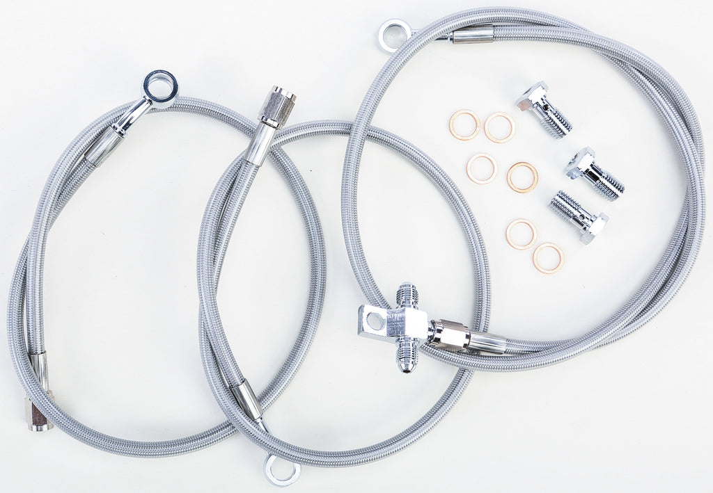 Streamline front brake line with three flexible hydraulic hoses, designed for Yam Std 170-1280 motorcycle braking system.