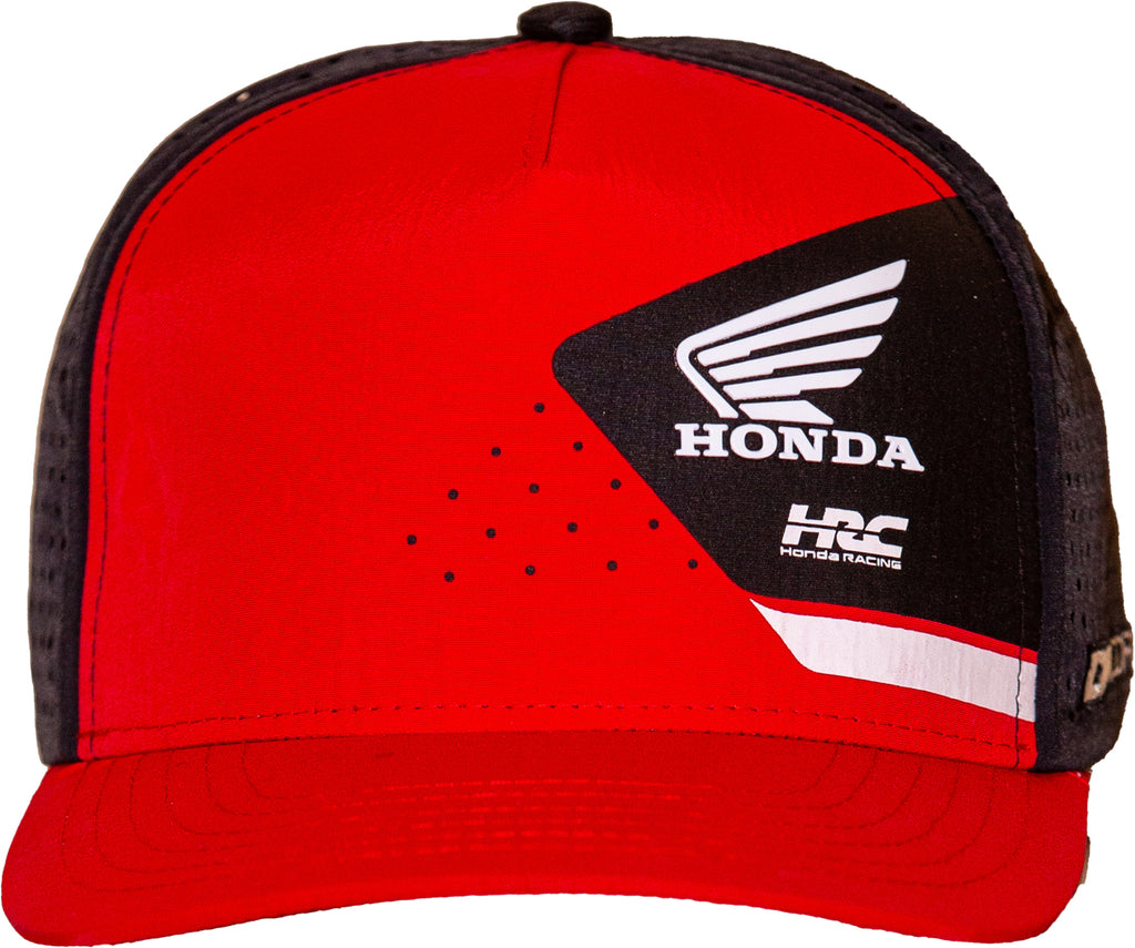 Red DCOR Honda Team2 snap-back cap with embroidered logo, adjustable strap, and structured front panel.
