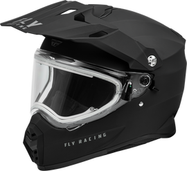 Fly Racing Trekker CW Solid Helmet in matte black with electric shield, featuring a sleek design and durable construction.