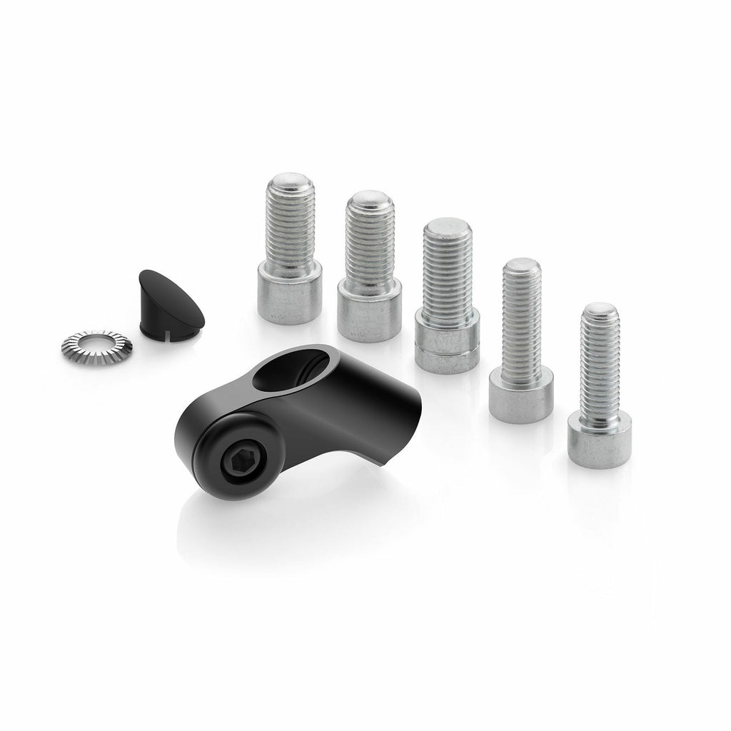 RIZOMA universal black side mount mirror adapter for motorcycle mirrors, showing the sleek black metal construction.