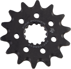 Steel Fire Power Street Front CS Sprocket 14T for motorcycles, shown in black with gear teeth for drivetrain engagement.