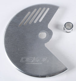 Devol Front Disc Guard 60-8303, black protective cover mounted on a motorcycle front disc brake assembly.