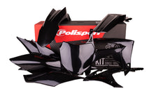 Load image into Gallery viewer, Polisport Plastics black plastic body kit for motorcycles, showing various panels and parts on a neutral background.