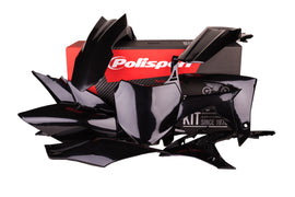 Polisport Plastics black plastic body kit for motorcycles, showing various panels and parts on a neutral background.