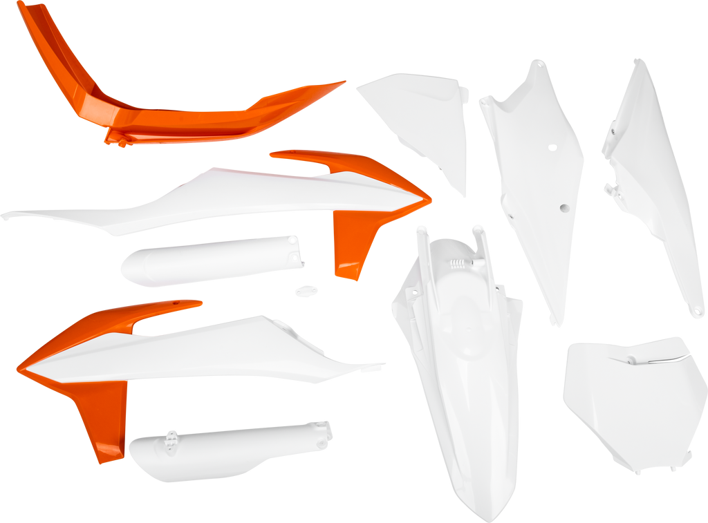 Acerbis full plastic body kit for KTM 2022 motorcycle, including front and side panels, in black and white.
