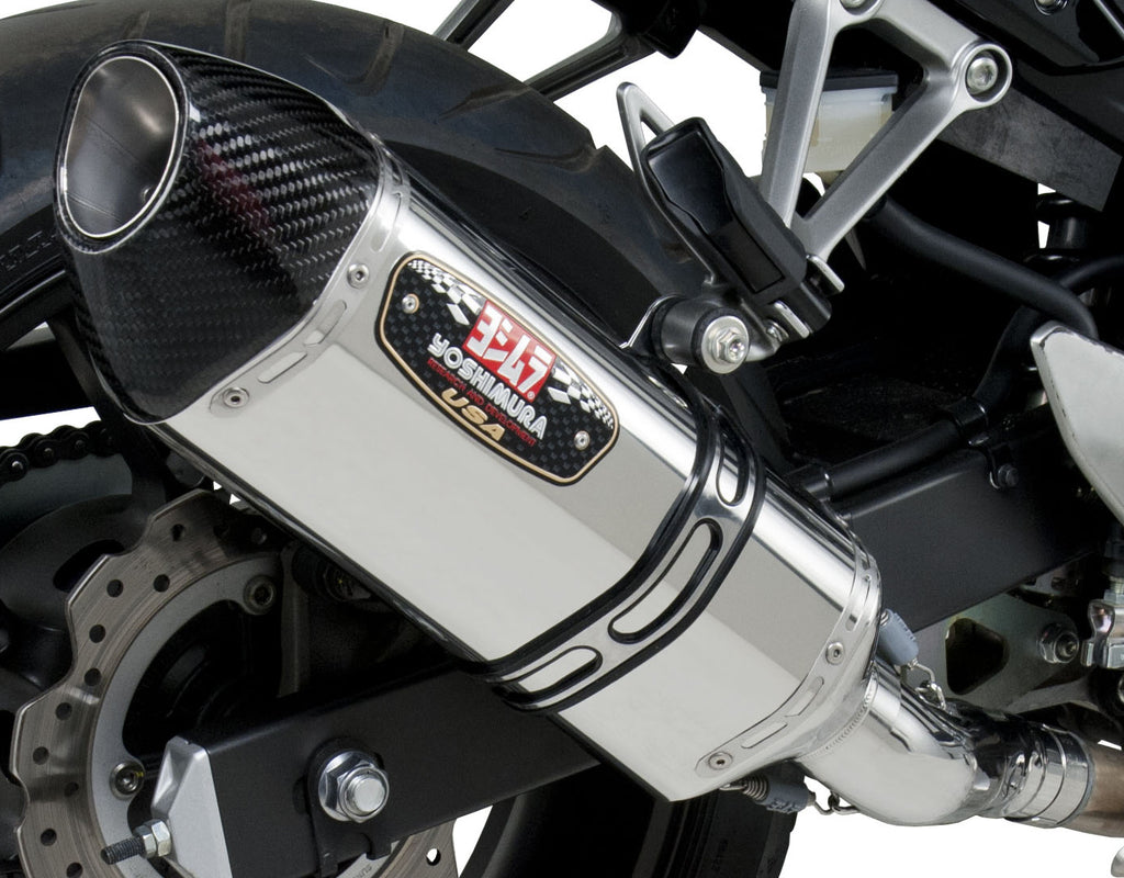 Yoshimura Street R-77 slip-on exhaust for motorcycles, featuring stainless steel and carbon fiber components.
