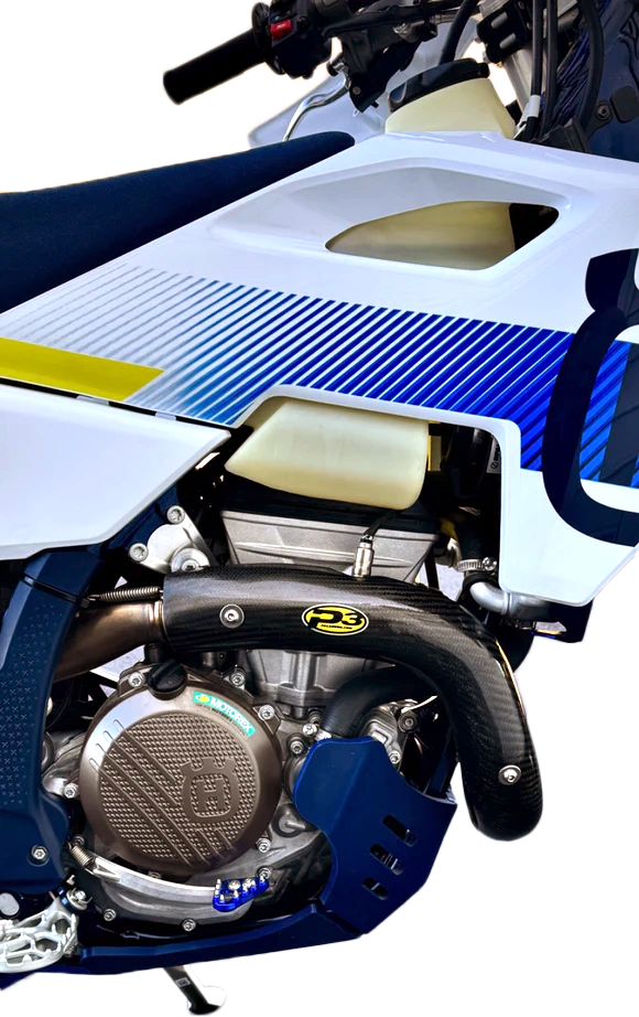 P3 Heat Shield Carbon exhaust guard for KTM, Husqvarna, GasGas 350 and 670 models, mounted on motorcycle exhaust system.