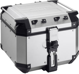 GIVI Obkn42a Outback top case with 42-liter capacity mounted on a motorcycle, showcasing rugged outdoor design.