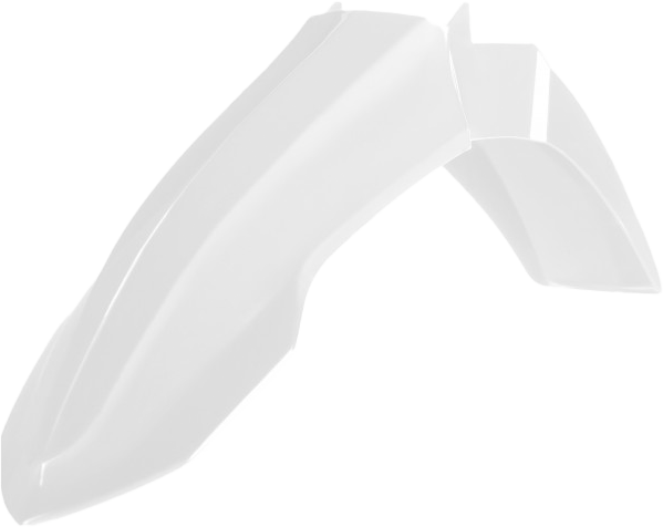 Polisport Plastics white front fender for Yamaha off-road motorcycles, model 64-859762, shown on a dirt bike.