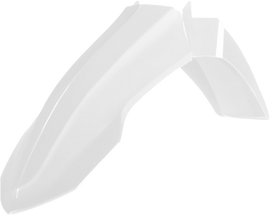 Polisport Plastics white front fender for Yamaha off-road motorcycles, model 64-859762, shown on a dirt bike.