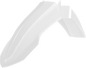 Polisport Plastics white front fender for Yamaha off-road motorcycles, model 64-859762, shown on a dirt bike.
