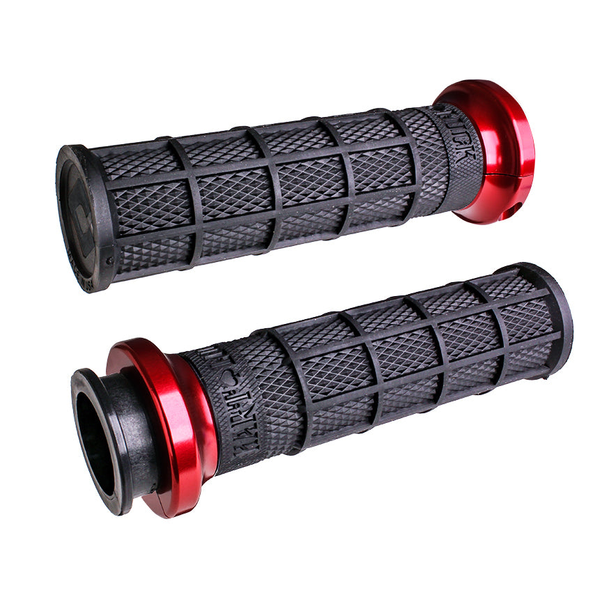 ODI Grips Lock-On Hart-Luck Full-Waffle black and red motorcycle handlebar grips with secure locking system.