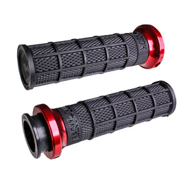 ODI Grips Lock-On Hart-Luck Full-Waffle black and red motorcycle handlebar grips with secure locking system.