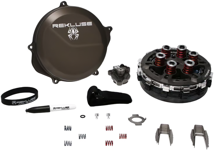 Rekluse Radiuscx 4.0 clutch hon with clutch components and hardware, designed for motorcycle clutch systems.