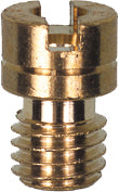 Set of four Mikuni small round main jets, model #100, designed for motorcycle carburetors, shown in close-up on a plain background.