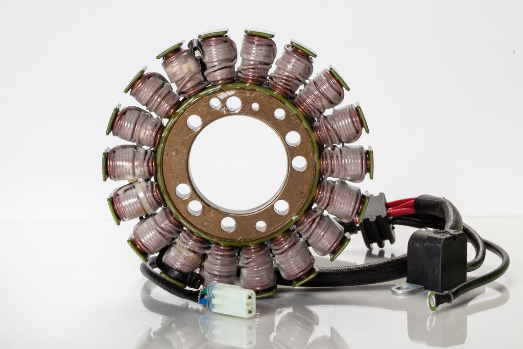 Ricks Motorsport Electric Stator 27-21557 for motorcycle electrical systems, showing the coil windings and mounting points.