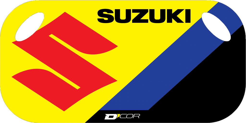 DCOR Pit Board Suzuki accessory with branding, featuring a compact, durable design for motorcycle racing and pit lane use.