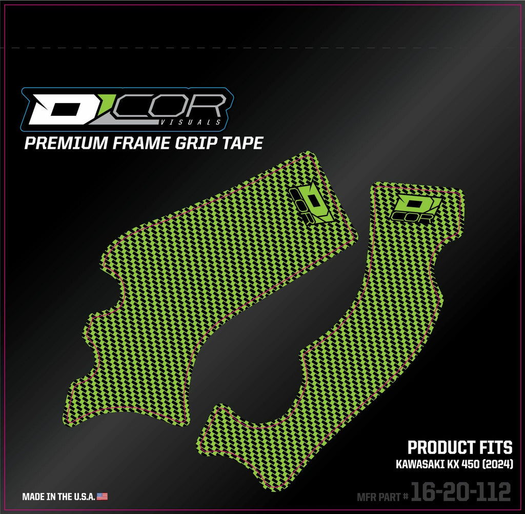 Green DCOR Frame Grip Tape graphic decal with textured surface, designed for skateboard or bike frame decoration.