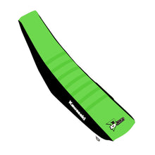 Load image into Gallery viewer, DCOR 19 Mek seat cover for Kawasaki KX450F motocross bike, black and gray with branding details.