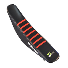 Black and red DCOR seat cover with ribbed design, showcasing its durable fabric and snug fit for vehicle seats.