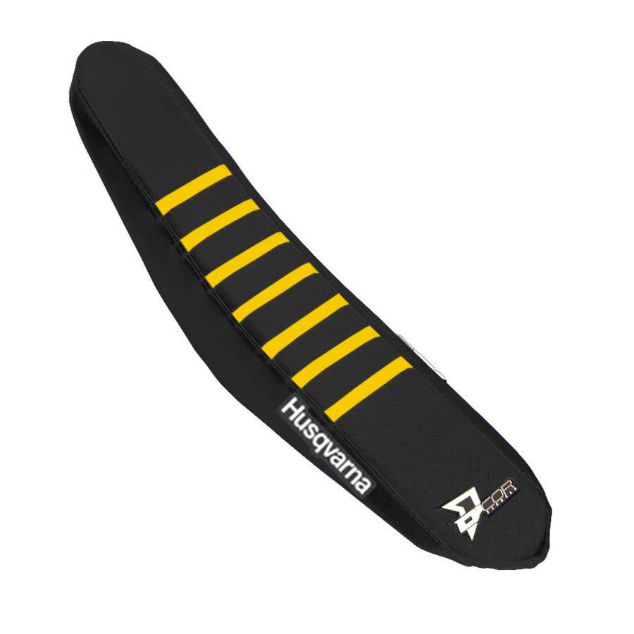 Black DCOR seat cover with yellow ribs, designed for Husqvarna models, showcasing the textured fabric and secure fit.