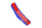 DCOR blue, red, and white motorcycle seat cover for Yamaha YZ 450, featuring vibrant color design and durable material.