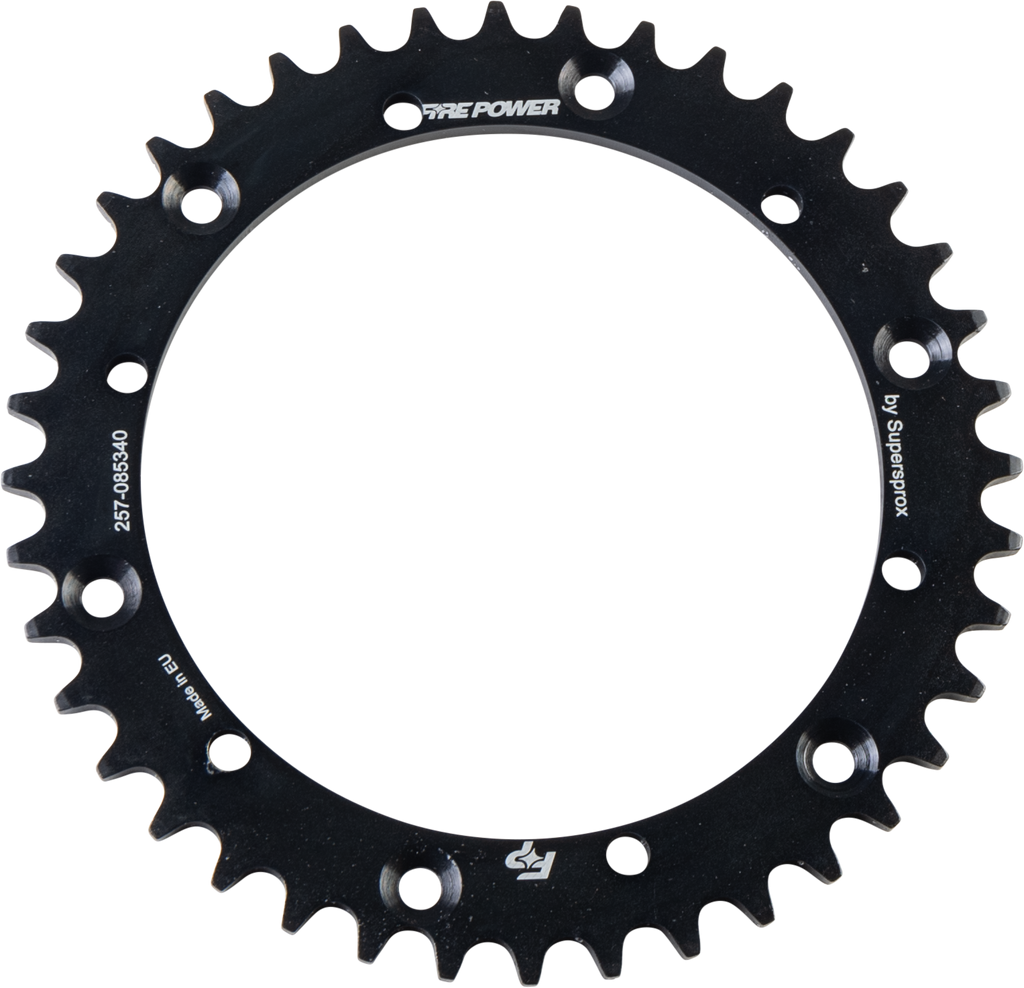 Fire Power Steel 40T rear sprocket for off-road bikes, black finish with detailed teeth for durable performance
