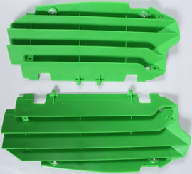 Polisport Plastics green radiator louvers for street bikes, model 64-56522, shown on a motorcycle radiator.