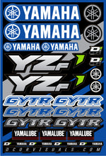 Load image into Gallery viewer, DCOR Yamaha YZF decal sheet with black and gray graphics for motorcycle customization, featuring intricate Yamaha logo designs.