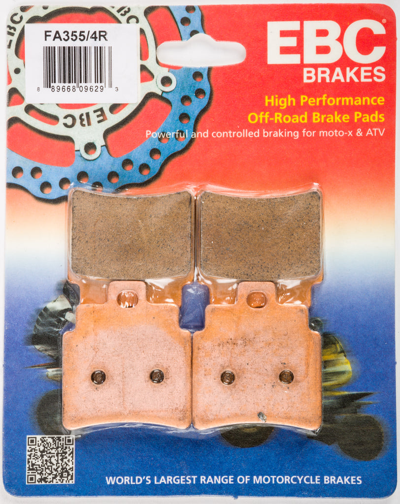 EBC Motorcycle Brake Pads 15-355/4R set showing black brake pad material and metal backing plates for motorcycle braking system.