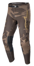 Alpine Star Supertech Le Squad 23 racing pants in dark brown with kangaroo gold accents, size 30, showing detailed fabric and design