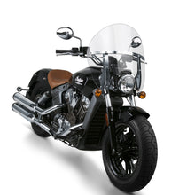 Load image into Gallery viewer, National Cycle Switchblade chopped windshield on Indian Scout motorcycle, showing the clear, aerodynamic windscreen design.