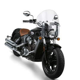National Cycle Switchblade chopped windshield on Indian Scout motorcycle, showing the clear, aerodynamic windscreen design.