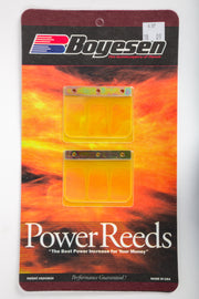 Boyesen motorcycle reeds 59-7637 installed in intake/carb fuel system, showing the reed valves and metal construction.