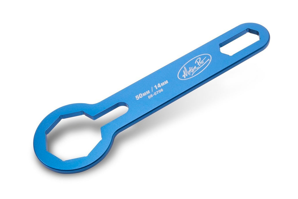 Motion Pro Fork Cap Wrench 50mm and 14mm for motorcycle forks, durable tool for maintenance and repair.