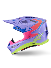 Alpine Star S-M10 Jett Lawrence racing helmet with purple, pink fluorescent, and yellow glow designs, featuring sleek aerodynamic shape.