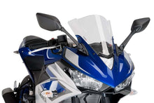 Load image into Gallery viewer, Clear PUIG Racing Windscreen for motorcycle, showing a sleek, transparent windshield with mounting features visible.
