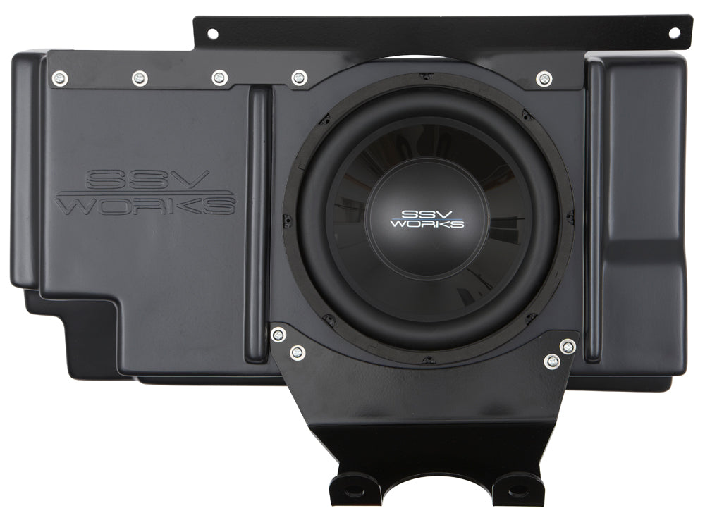 SSV Works behind seat subwoofer box with 600W 10-inch woofer installed in an off-road vehicle.