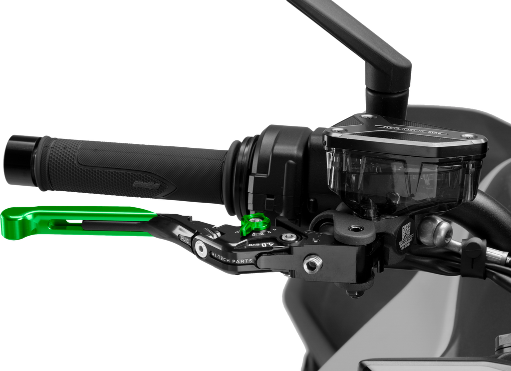 PUIG Brake Lever 4.0 Fold/Extend Green for motorcycle, showing the adjustable green brake lever with folding feature.