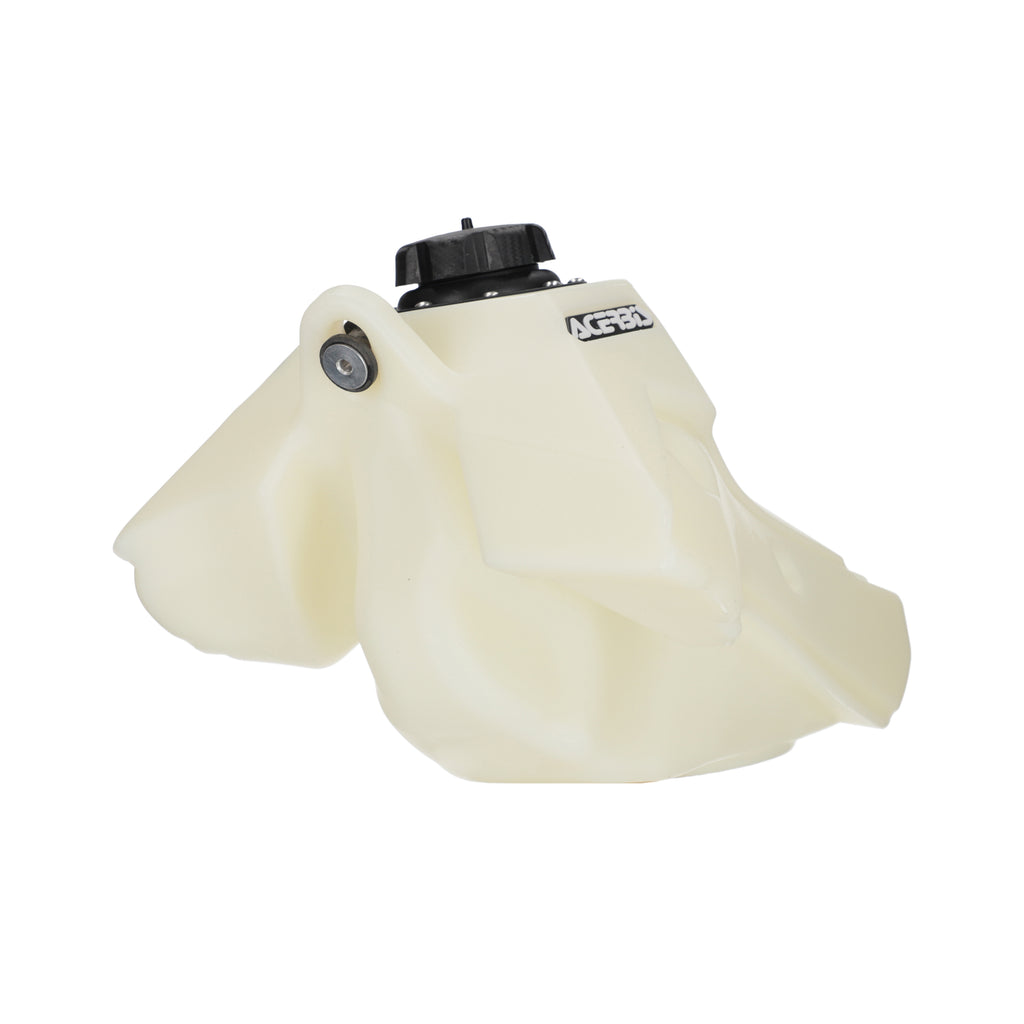 Acerbis KX natural fuel tank for motocross bikes, showing the black and white design with mounting points and fuel cap.