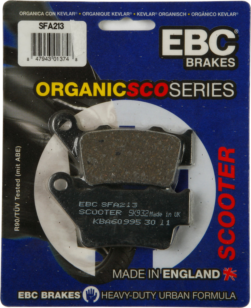 EBC Motorcycle Brakes Sfa213 organic brake pads showing black friction material and metal backing plate.