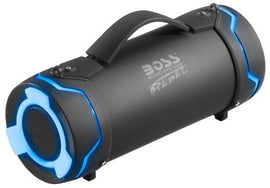Boss Audio Bluetooth portable speaker in black with control buttons and a compact design, suitable for outdoor and indoor use.