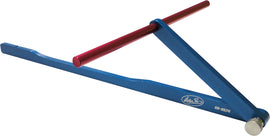 Motion Pro Clip-On Handlebar Alignment Tool for motorcycle handlebars, shown attached to handlebars in a workshop setting