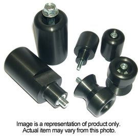 Shogun Industries chromed billet frame sliders for motorcycle body protection, mounted on a bike frame.