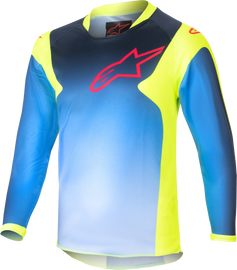 Alpine Star Kids Racer Graphic 1 Jersey in yellow fluo, blue, and navy, featuring vibrant racing-inspired design for young athletes.