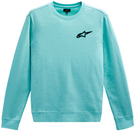 Alpine Star Ageless Chest Crew Fleece in Light Aqua, front view showing soft fabric and relaxed fit.