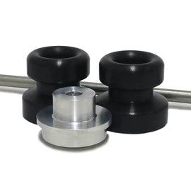 Black front axle sliders for Shogun Industries motorcycles, designed to protect the body and improve durability during rides.